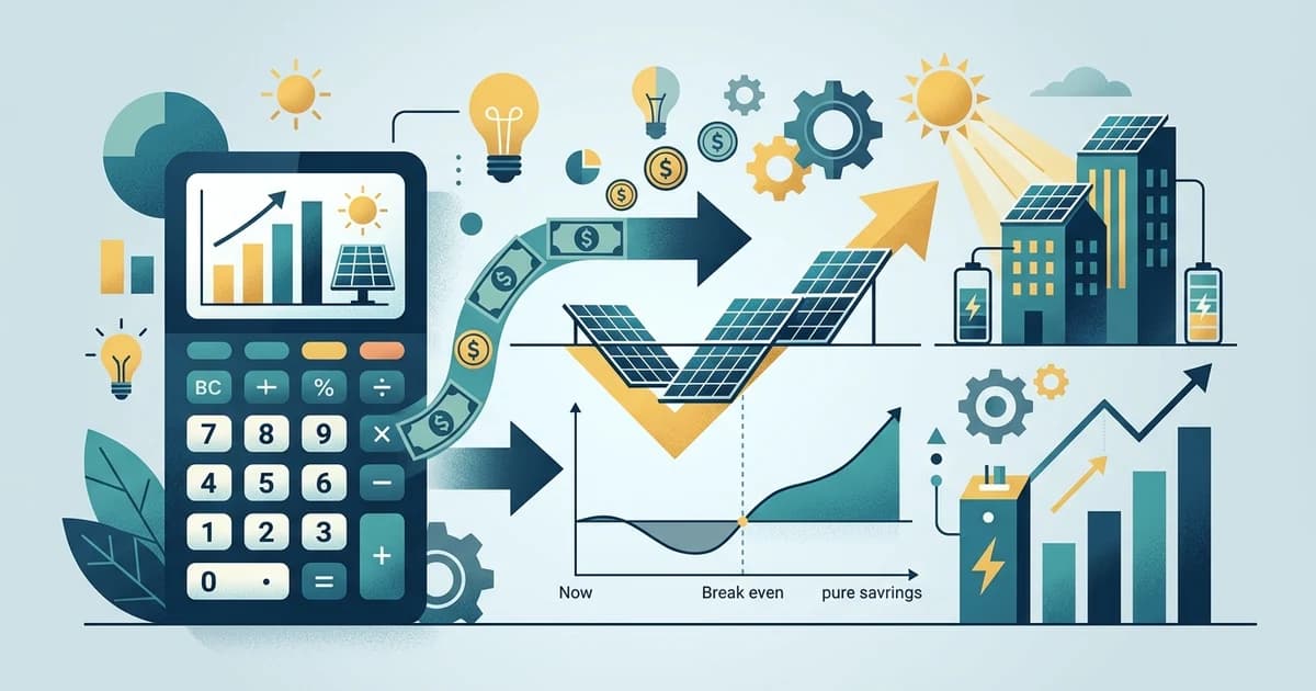 Consumidor residencial simulando o financiamento de energia solar em um tablet, com painéis fotovoltaicos no telhado ao fundo.