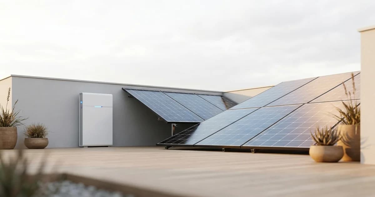 Residência com painéis solares no telhado e bateria de parede ao lado do inversor híbrido, sob luz de fim de tarde.