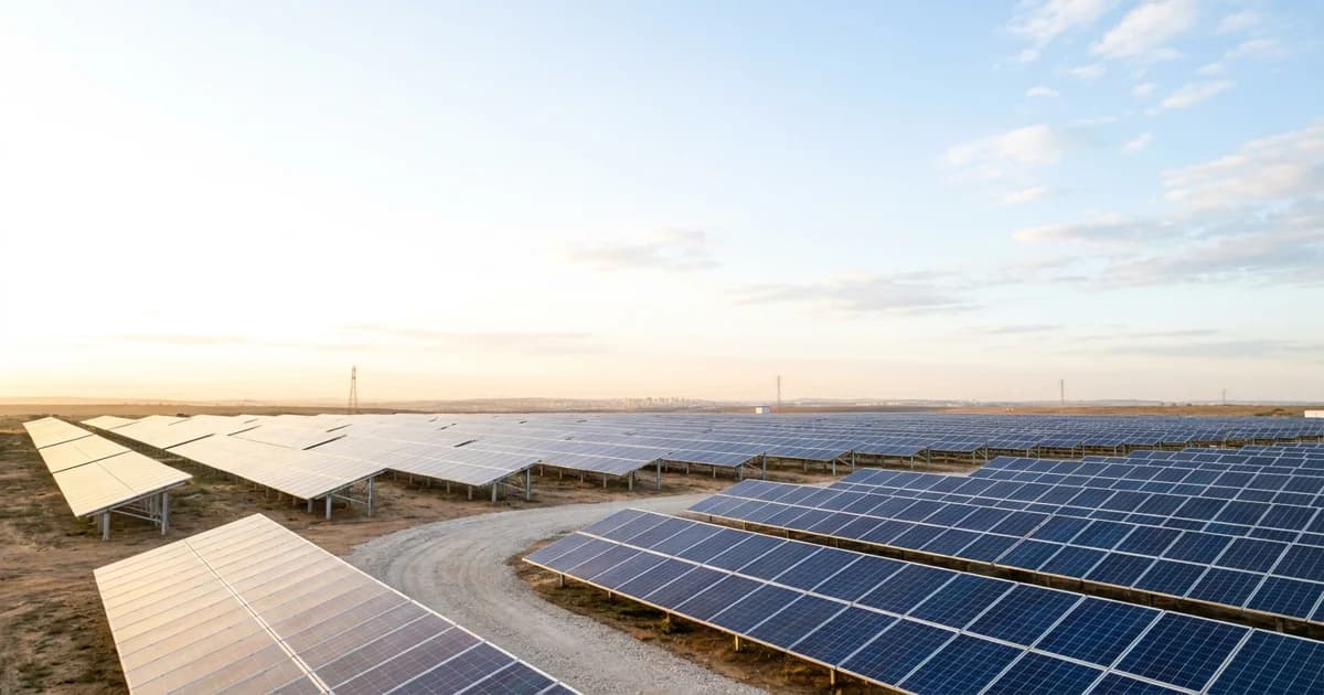 Galpão industrial de grande porte com extenso telhado coberto por painéis solares fotovoltaicos, vista aérea sob céu claro.