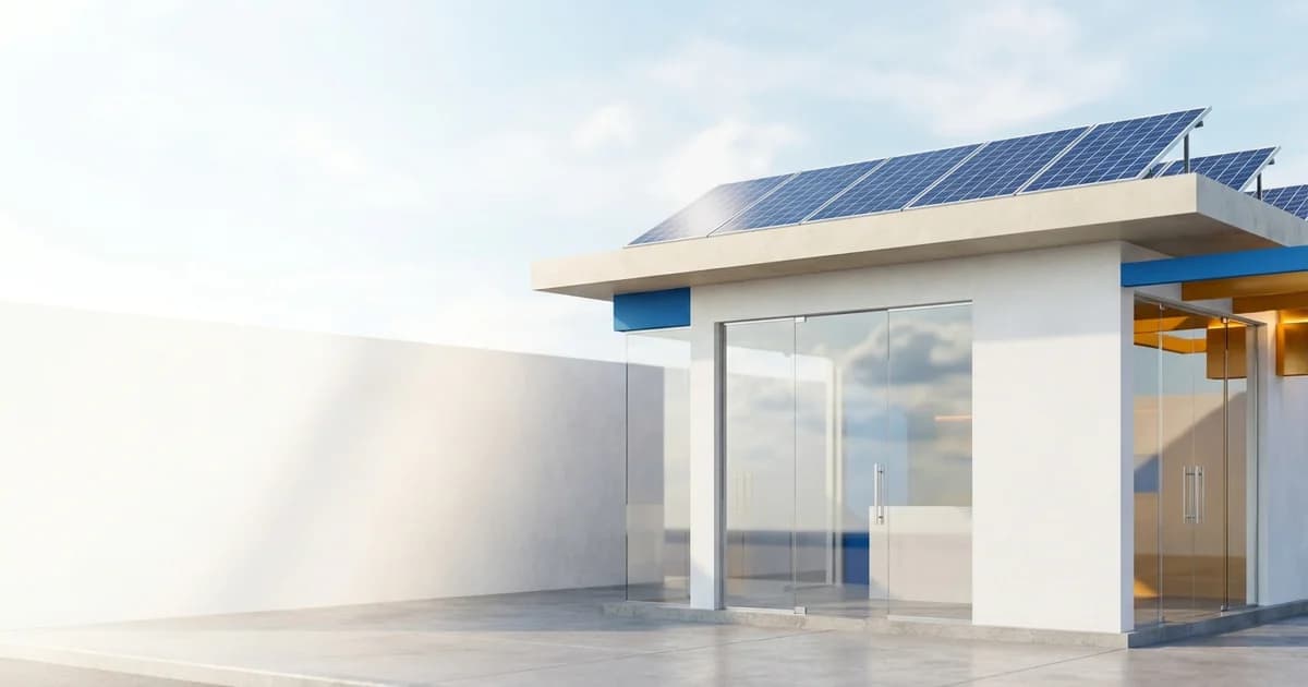 Fachada de loja física de comércio de rua com painéis solares fotovoltaicos instalados no telhado, ao entardecer.