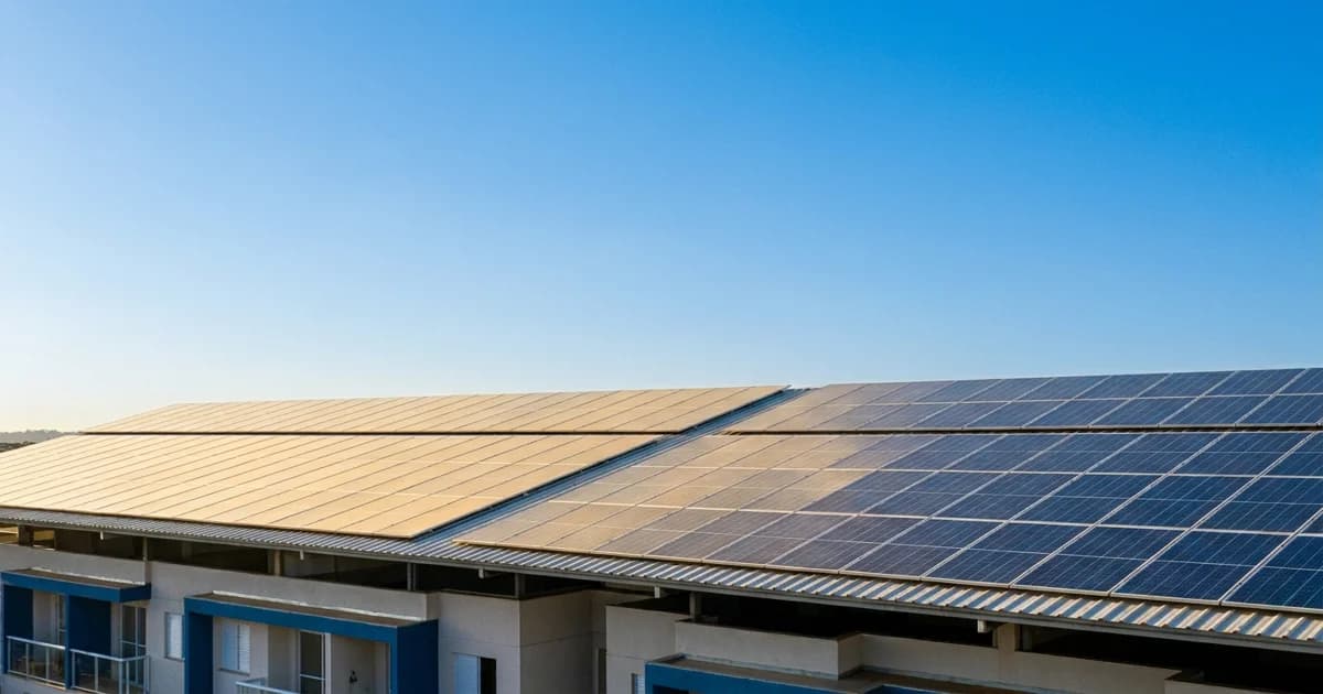 Vista aérea do telhado de um condomínio residencial com painéis de energia solar instalados, em luz de fim de tarde.