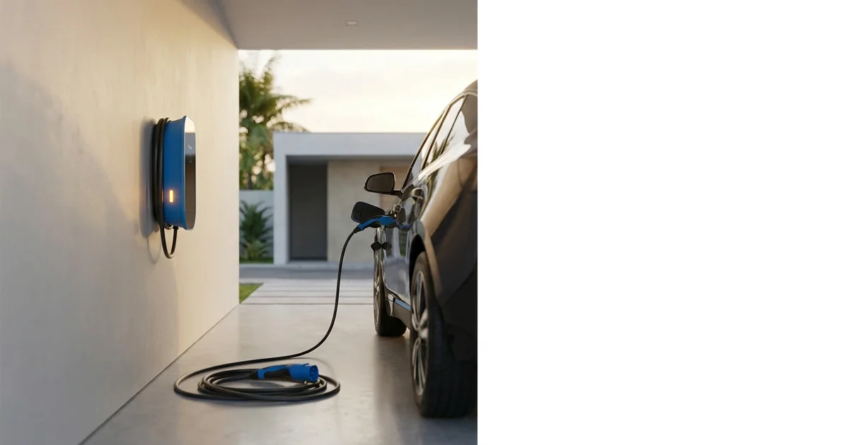 Comparação entre um wallbox residencial instalado em garagem e um carregador DC público de recarga rápida, com um veículo elétrico conectado.