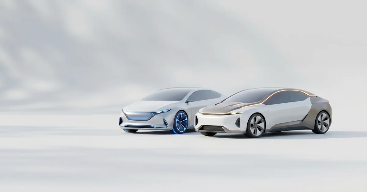 Veículo elétrico e veículo híbrido plug-in lado a lado em um showroom moderno, representando a comparação de financiamento entre os dois.