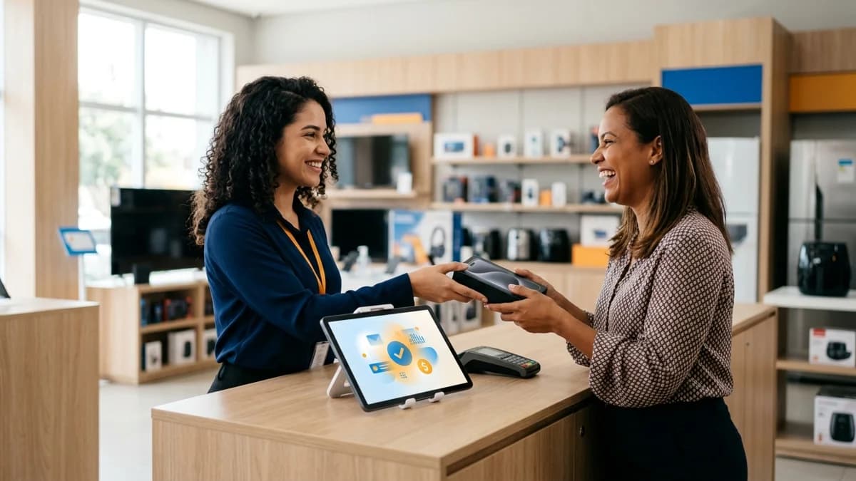 Vendedor finaliza uma venda no balcão com a aprovação de crédito visível na tela de um tablet, em ambiente de varejo moderno.