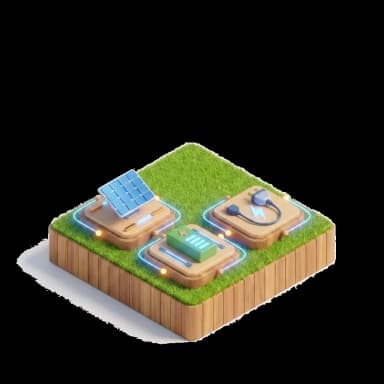 Ilustração isométrica de três blocos de categoria distintos (painel solar, bateria e carregador) representando regras próprias por categoria financiada
