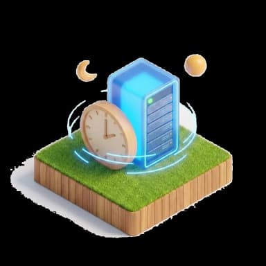 Ilustração isométrica de um relógio ao lado de um servidor sempre ligado com sol e lua, representando plataforma disponível 24 horas por dia