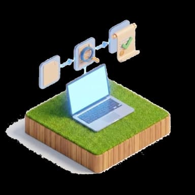 Ilustração isométrica de um notebook com fluxo digital de cadastro, análise e contrato aprovado, representando um processo 100% digital