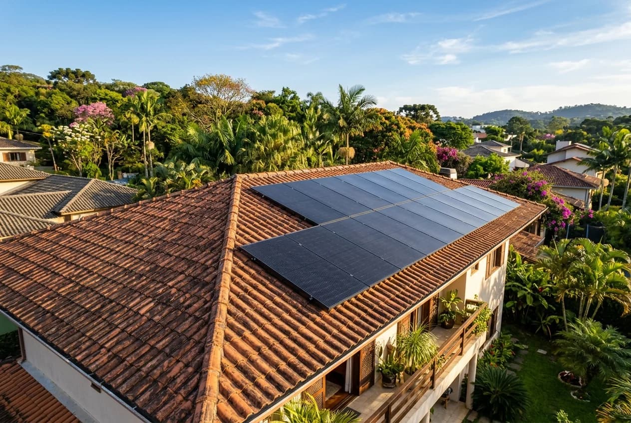 Painéis solares fotovoltaicos instalados em telhado residencial moderno com céu azul ao fundo