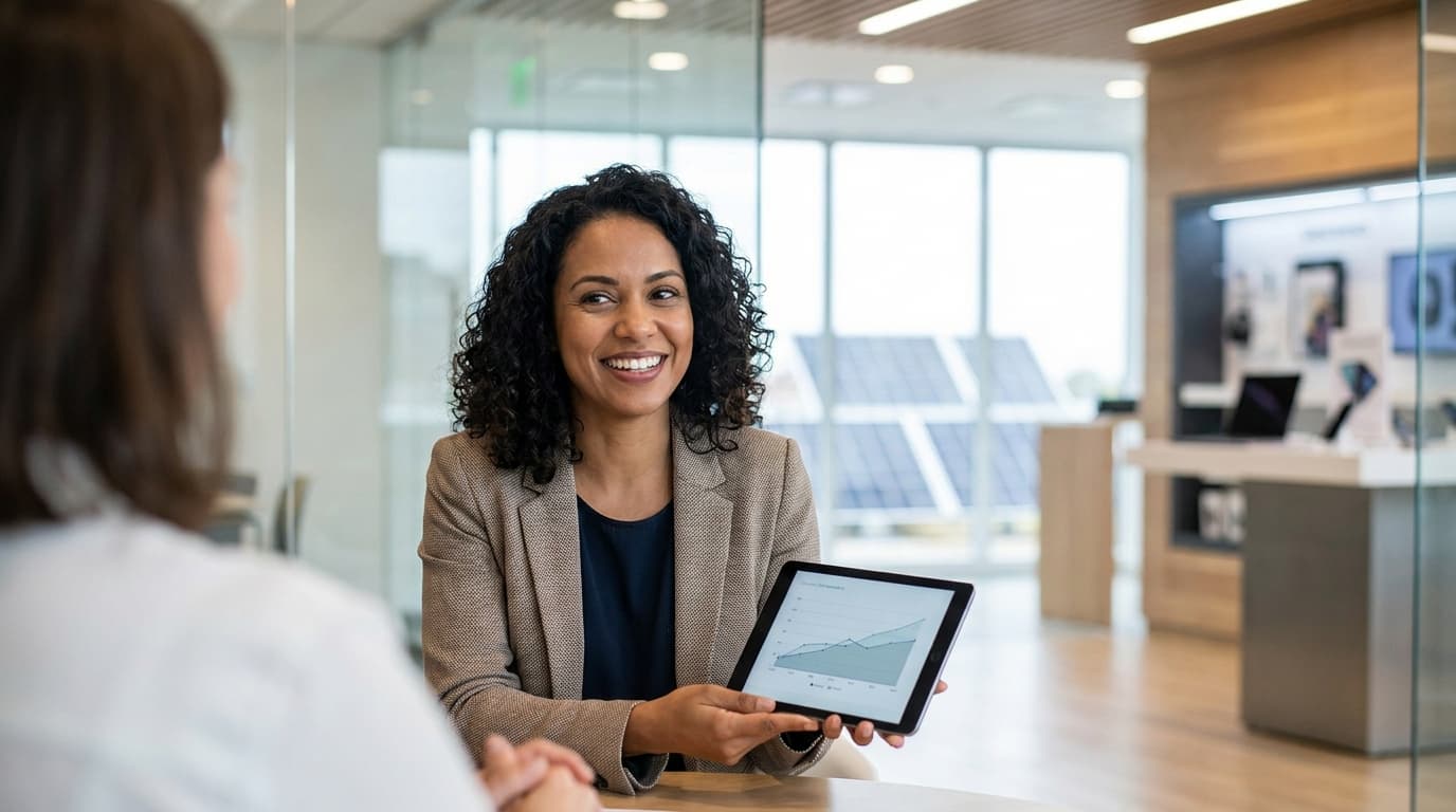 Agente especializado apresentando proposta de financiamento em tablet para cliente em ambiente comercial
