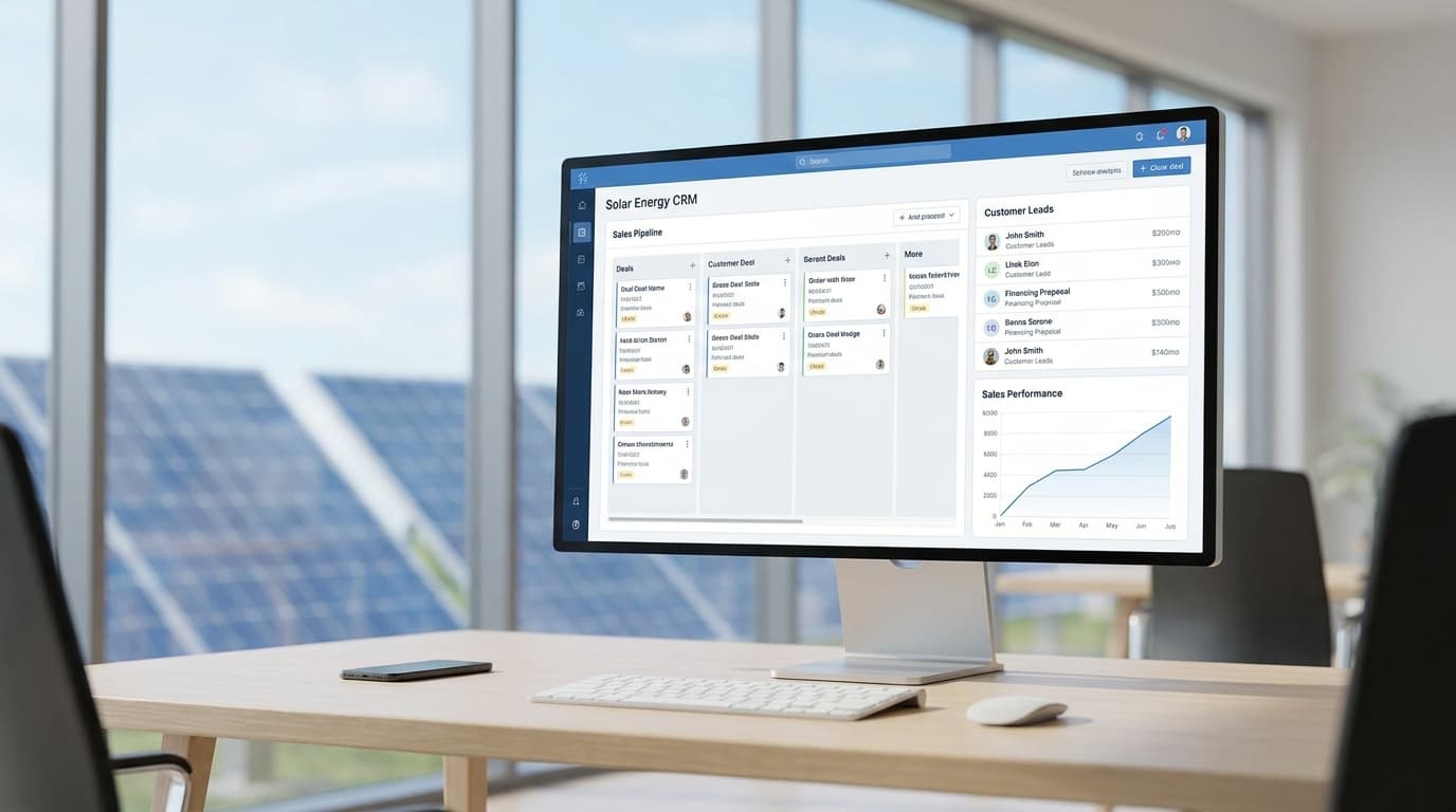 Tela de CRM de fotovoltaico com funil de vendas e propostas de financiamento em monitor de escritório