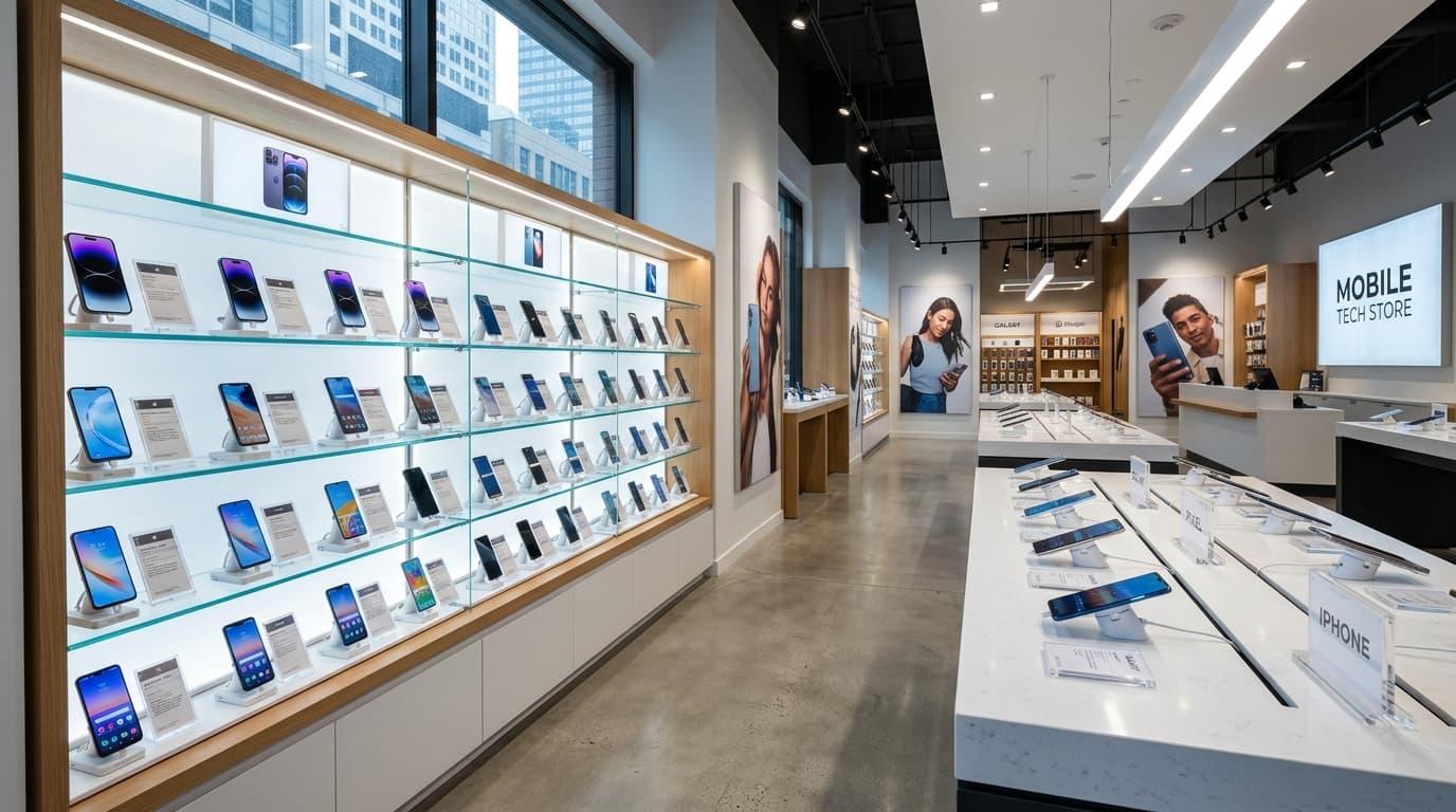 Showroom de distribuidora de celulares com smartphones expostos em prateleiras iluminadas