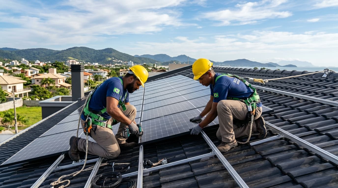 Instaladores solares fixando painéis fotovoltaicos em telhado residencial