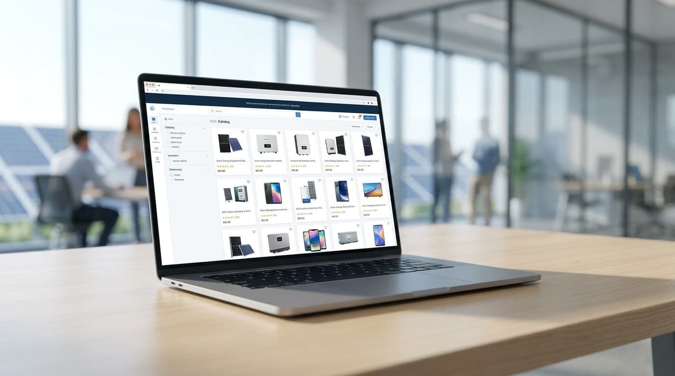 Plataforma de marketplace exibindo equipamentos solares à venda em tela de notebook