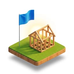 Ilustração isométrica de bandeira azul plantada em terreno verde marcando o ponto de partida